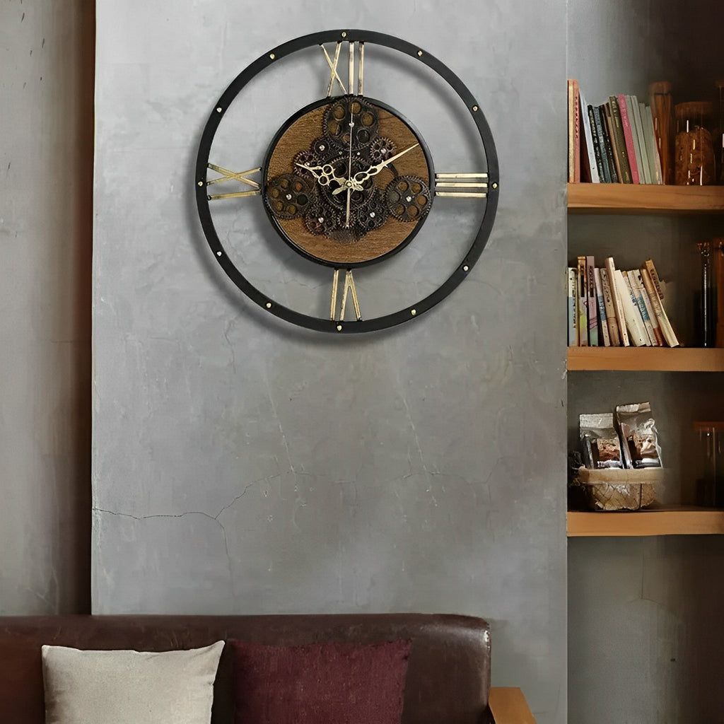 Horloge Murale Engrenages Vintage Métal & Bois