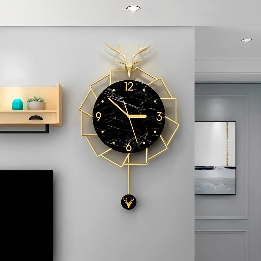Horloge Murale Luxe Cerf Doré et Marbre Noir
