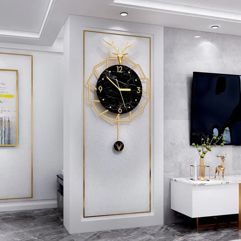 Horloge Murale Luxe Cerf Doré et Marbre Noir