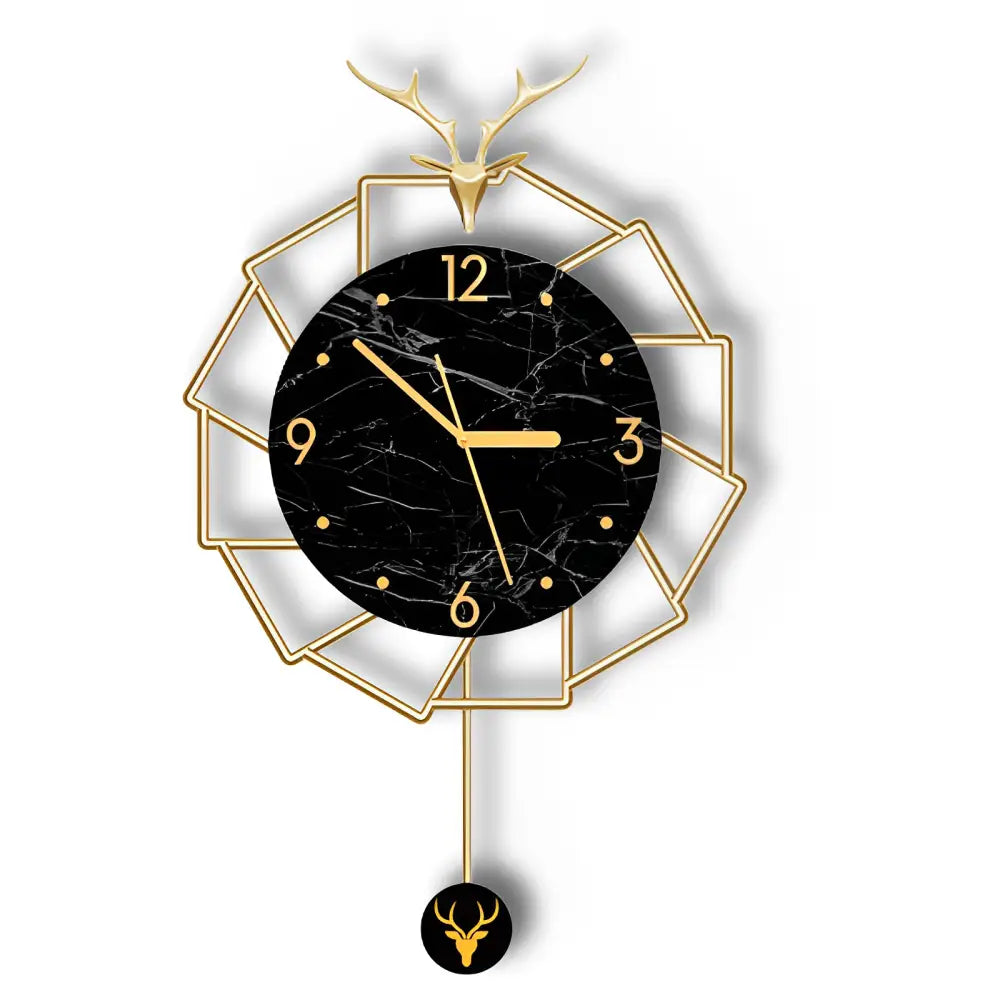 Horloge Murale Luxe Cerf Doré et Marbre Noir