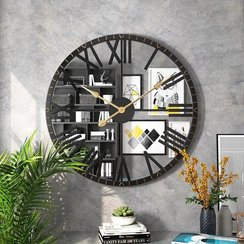 Horloge Murale Miroir Noir et Or