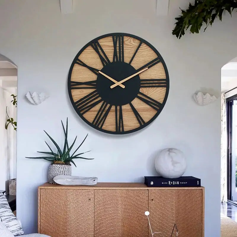 Horloge Murale Bois & Chiffres Romains Noirs