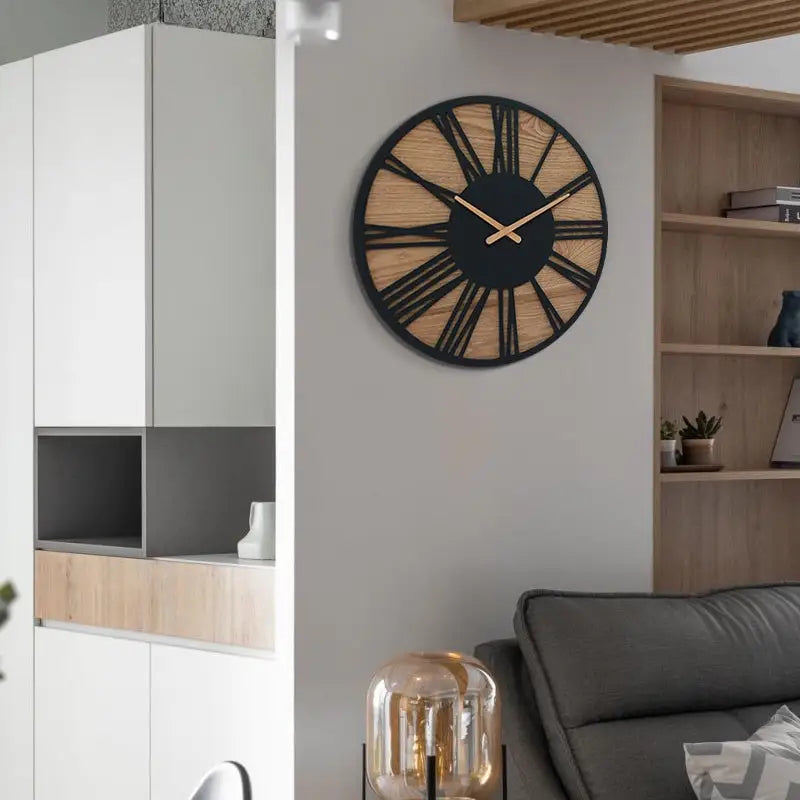 Horloge Murale Bois & Chiffres Romains Noirs