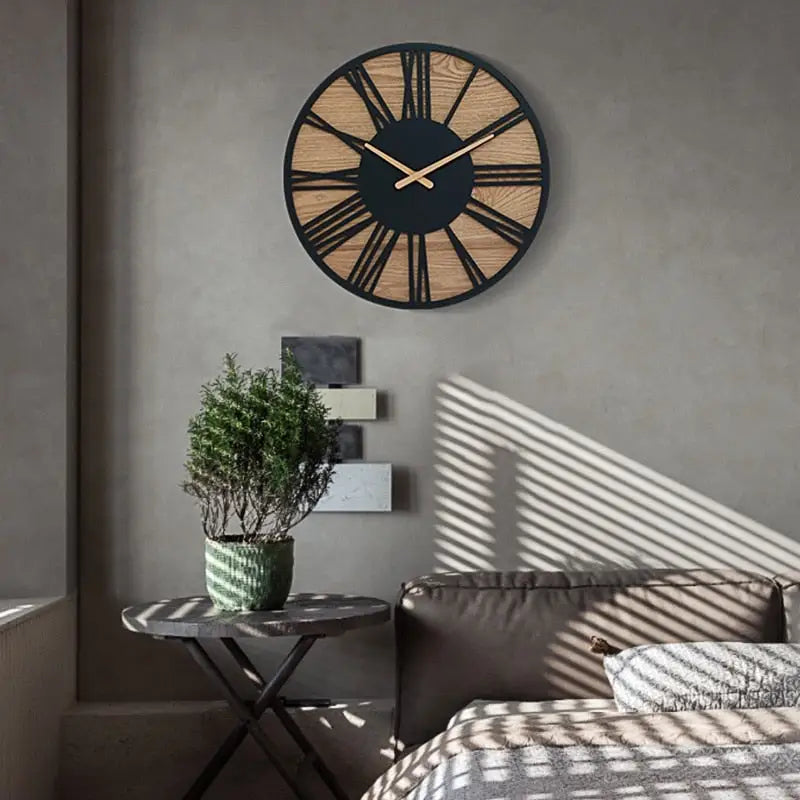 Horloge Murale Bois & Chiffres Romains Noirs